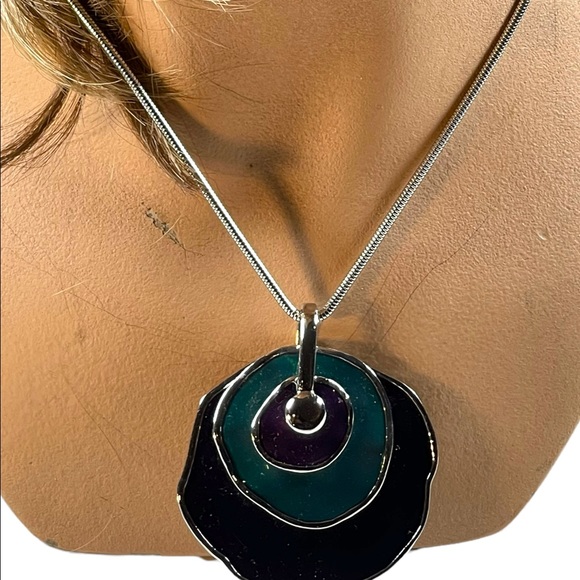 Vintage 1980s Silver finish Purple & teal abstract disk chunky necklace - Picture 3 of 12
